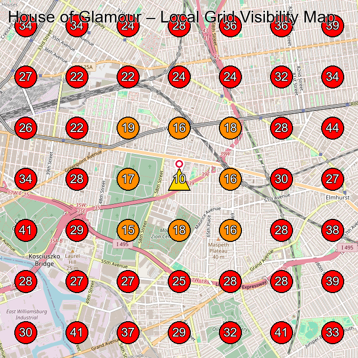 House of Glamour GeoGrid visibility map for Beauty Salon in Queens
